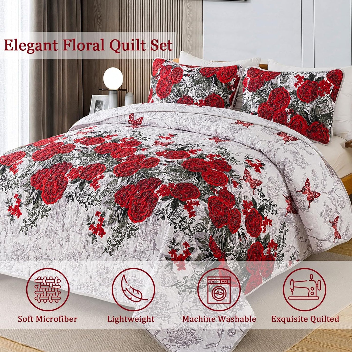 Quilted Coverlet & Pillowcases Set - Youthful Fresh & Modern - Queen