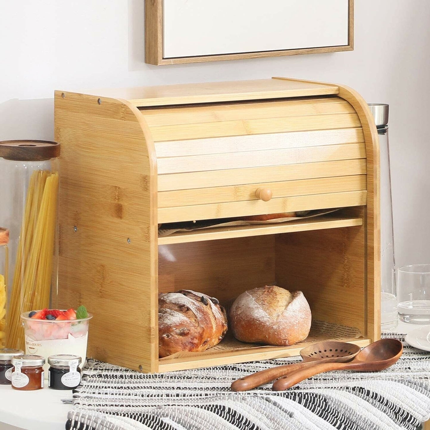 Bamboo Bread Storage Box with 2 Compartment Sections