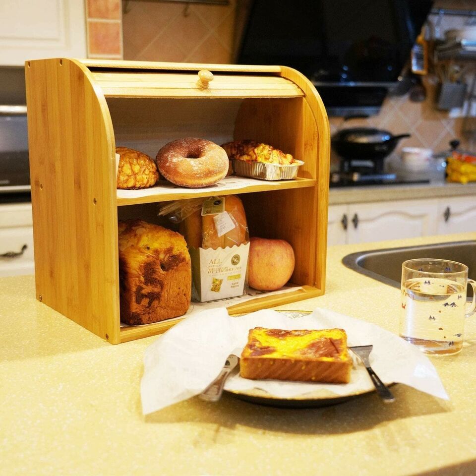 Bamboo Bread Storage Box with 2 Compartment Sections