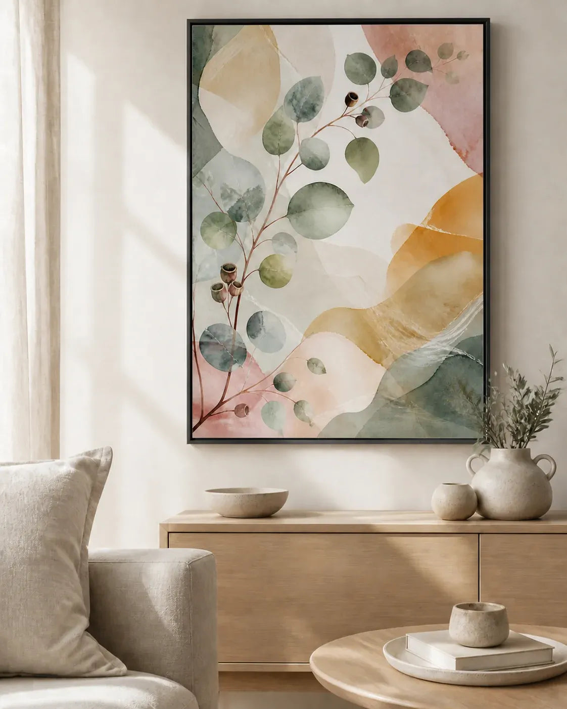 Eucalyptus Reverie Floating Frame Canvas Wall Art - Portrait - 60W x 120H cm - White
