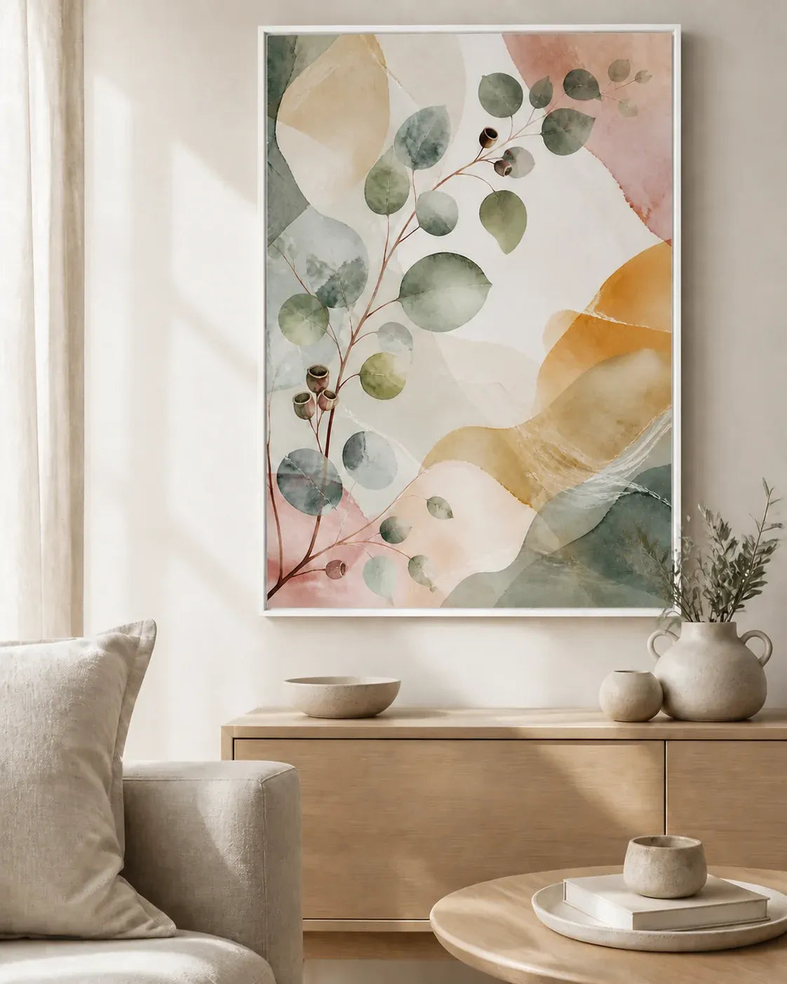 Eucalyptus Reverie Floating Frame Canvas Wall Art - Portrait - 60W x 120H cm - White