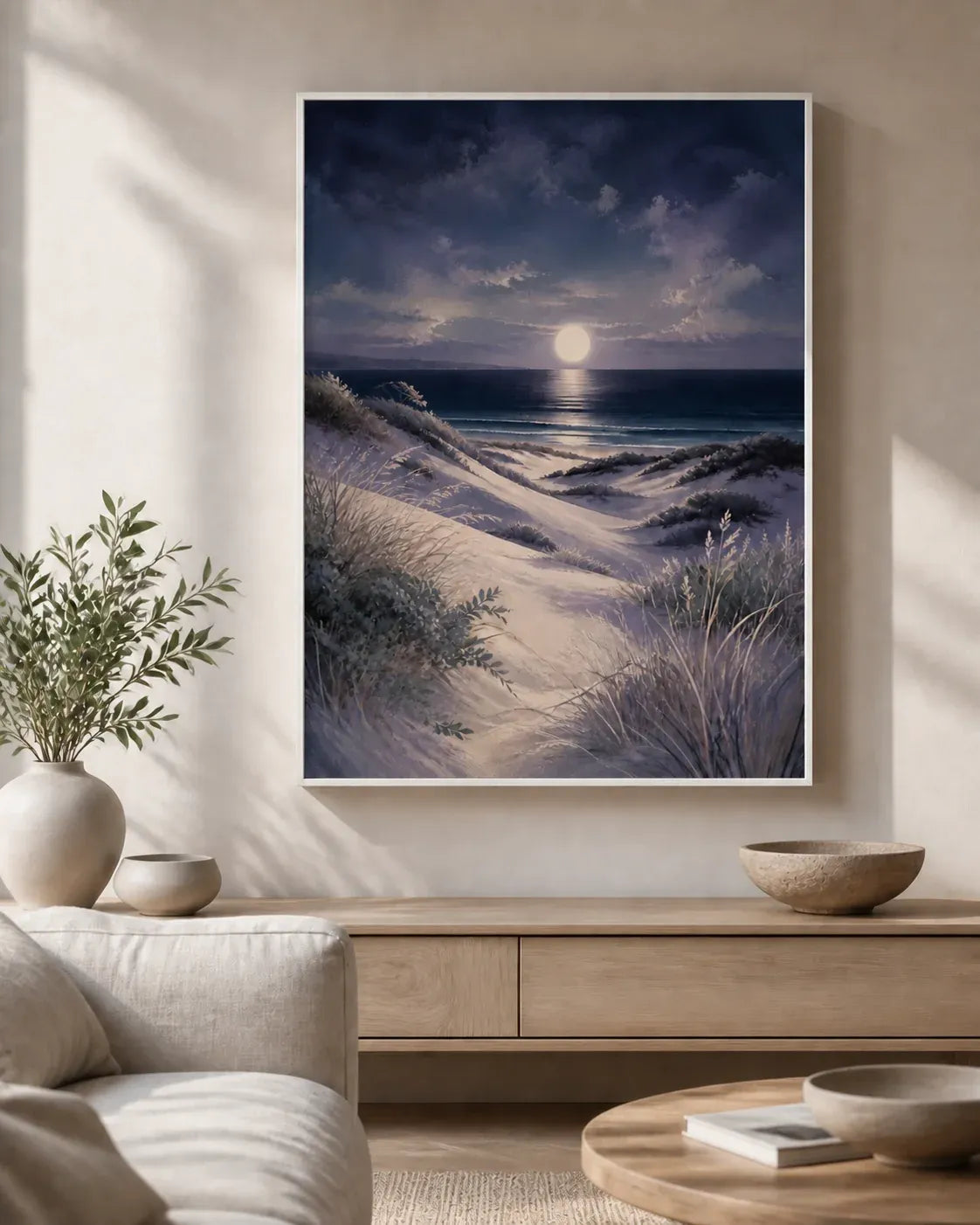 Moonlit Dunes Floating Frame Canvas Wall Art - Portrait - 40W x 50H cm - Natural Birch