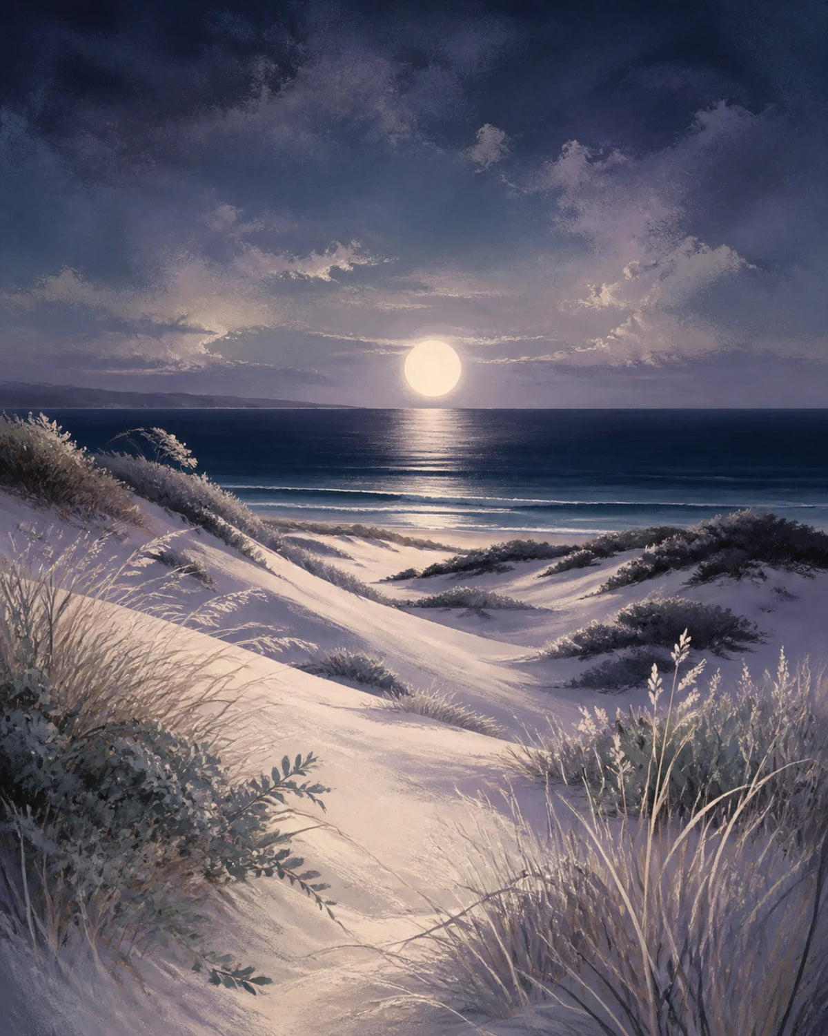 Moonlit Dunes Floating Frame Canvas Wall Art - Portrait - 40W x 50H cm - Natural Birch