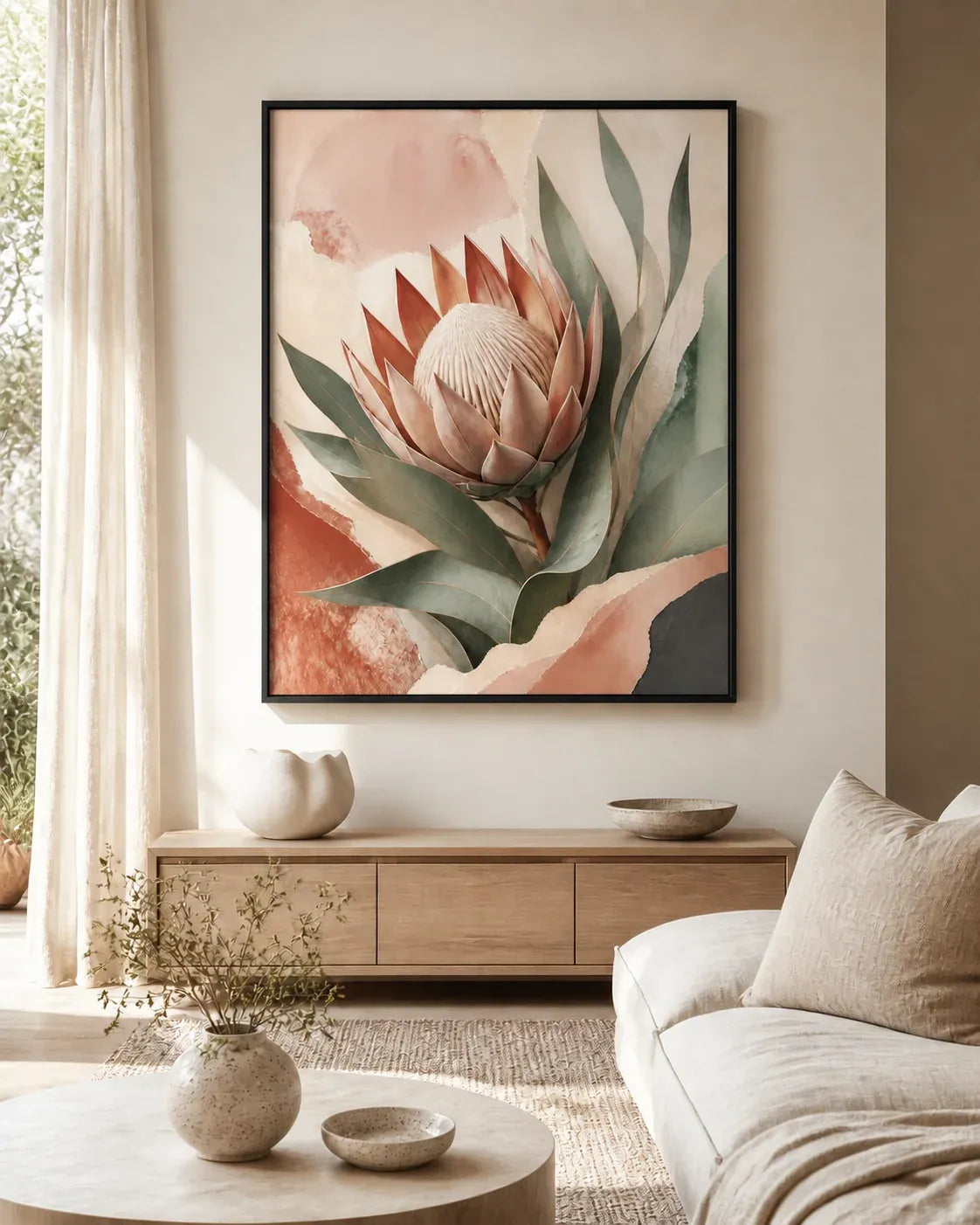 Protea Hush Floating Frame Canvas Wall Art - Portrait - 60W x 80H cm - Black