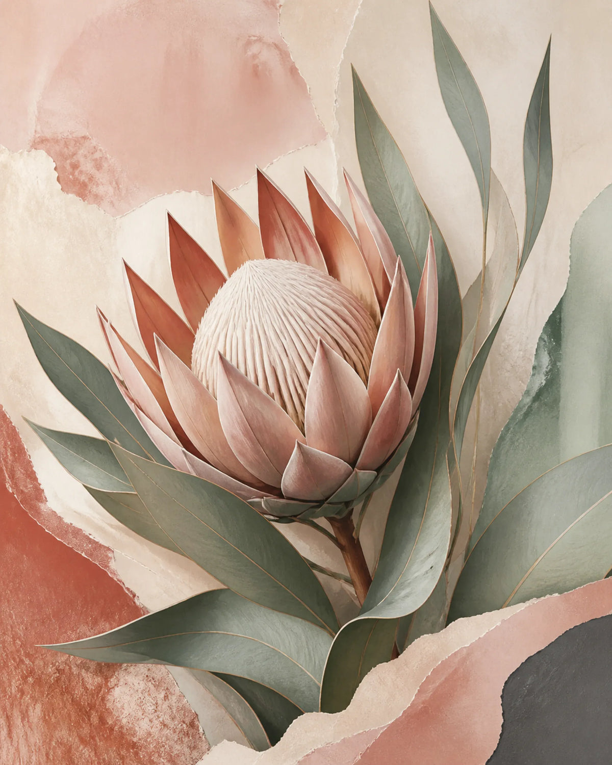 Protea Hush Floating Frame Canvas Wall Art - Portrait - 60W x 80H cm - Black
