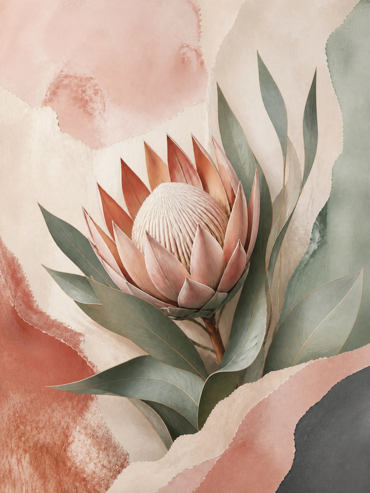Protea Hush Floating Frame Canvas Wall Art - Portrait - 60W x 80H cm - Black