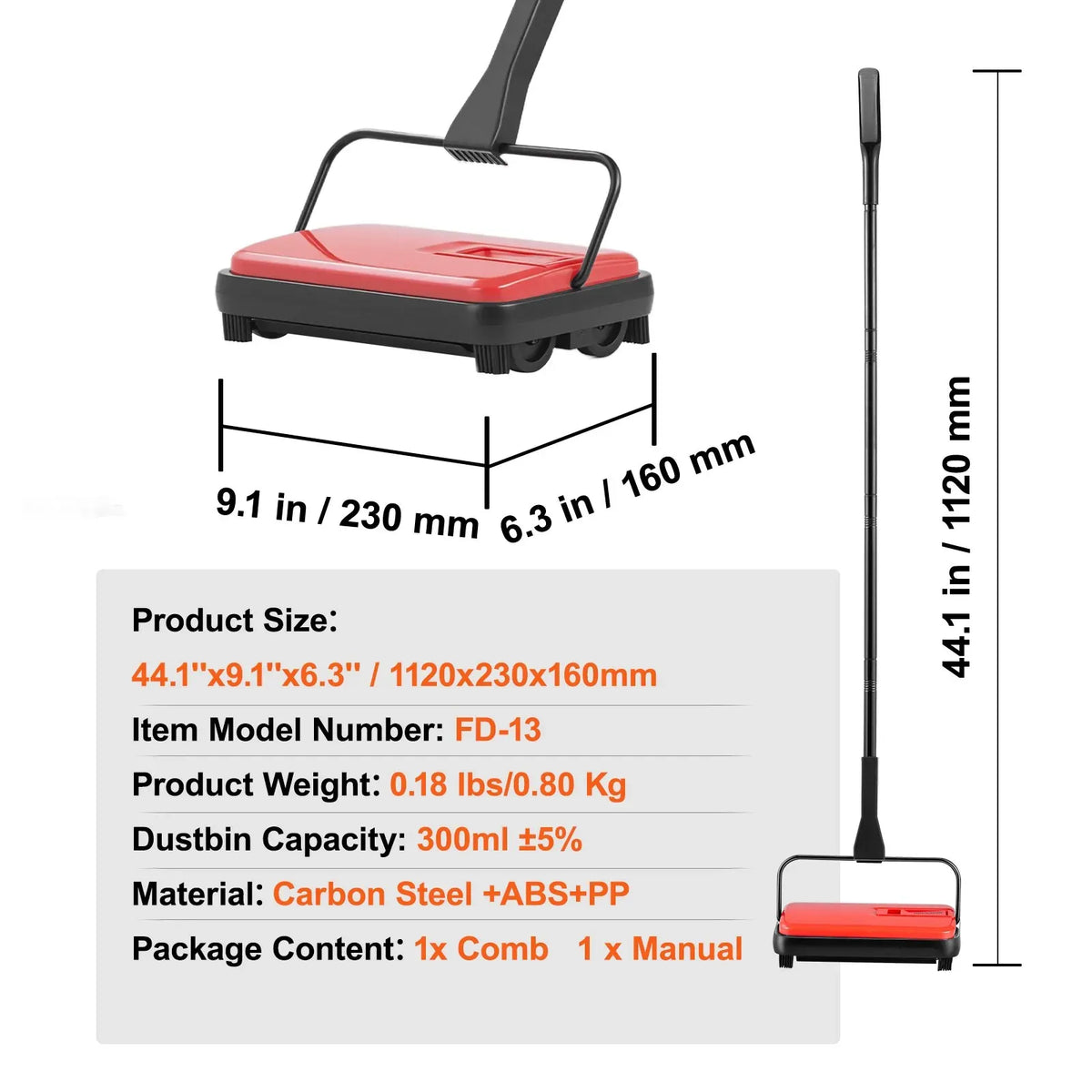 Carpet Sweeper Manual, Floor Sweeper with 300 ml Dustbin Capacity Easy to Empty, Red