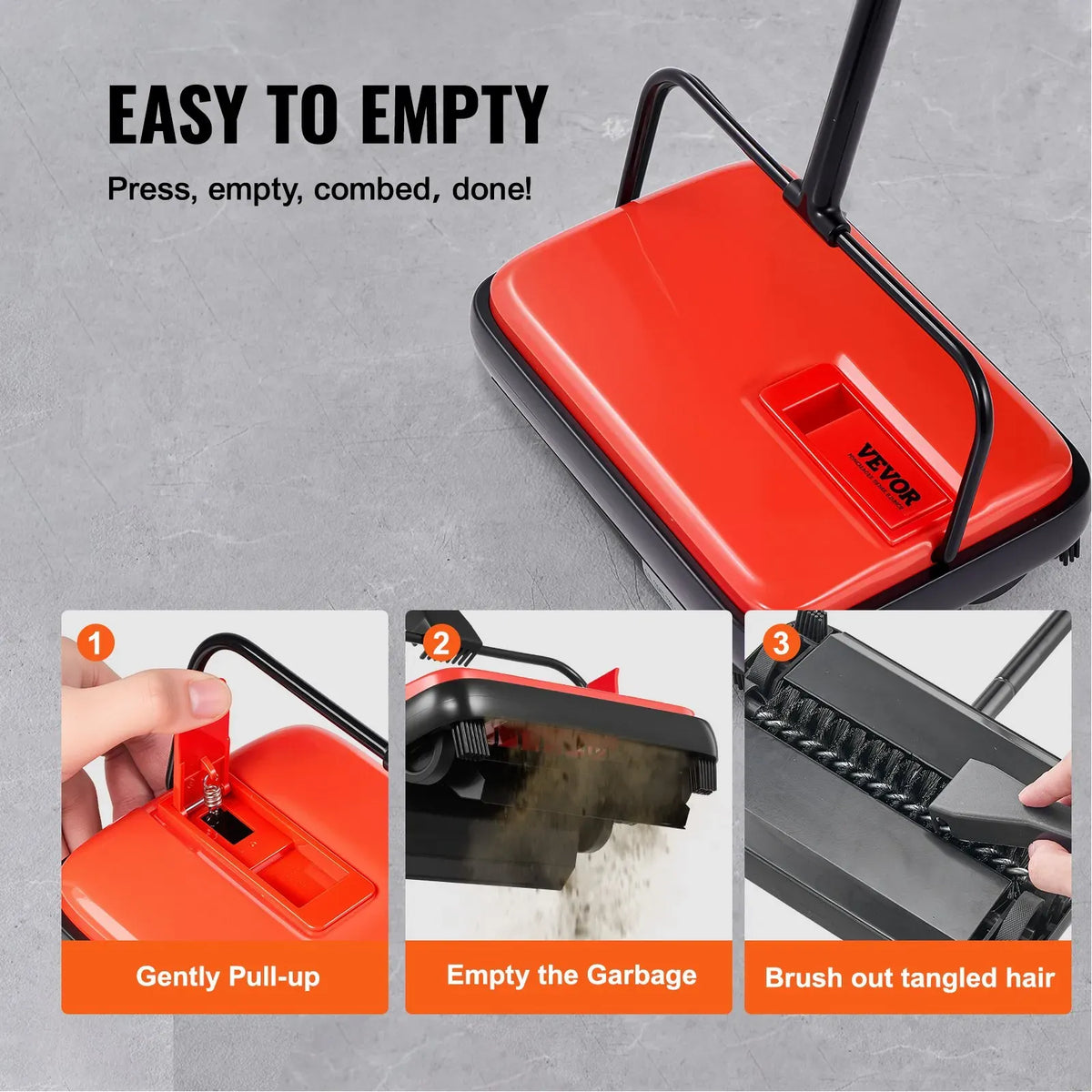 Carpet Sweeper Manual, Floor Sweeper with 300 ml Dustbin Capacity Easy to Empty, Red