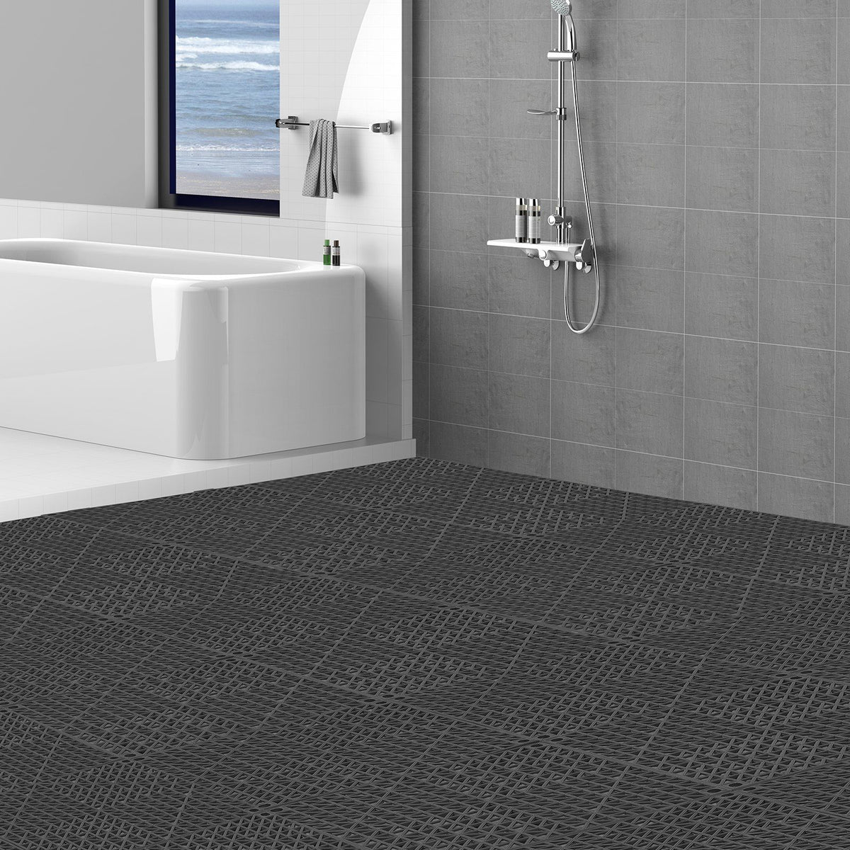 Modular Interlocking Cushion, 12 Pack 30 x 30 cm Splicing Drainage Mats, Bathroom, Kitchen, Pool, Wet Area, Black