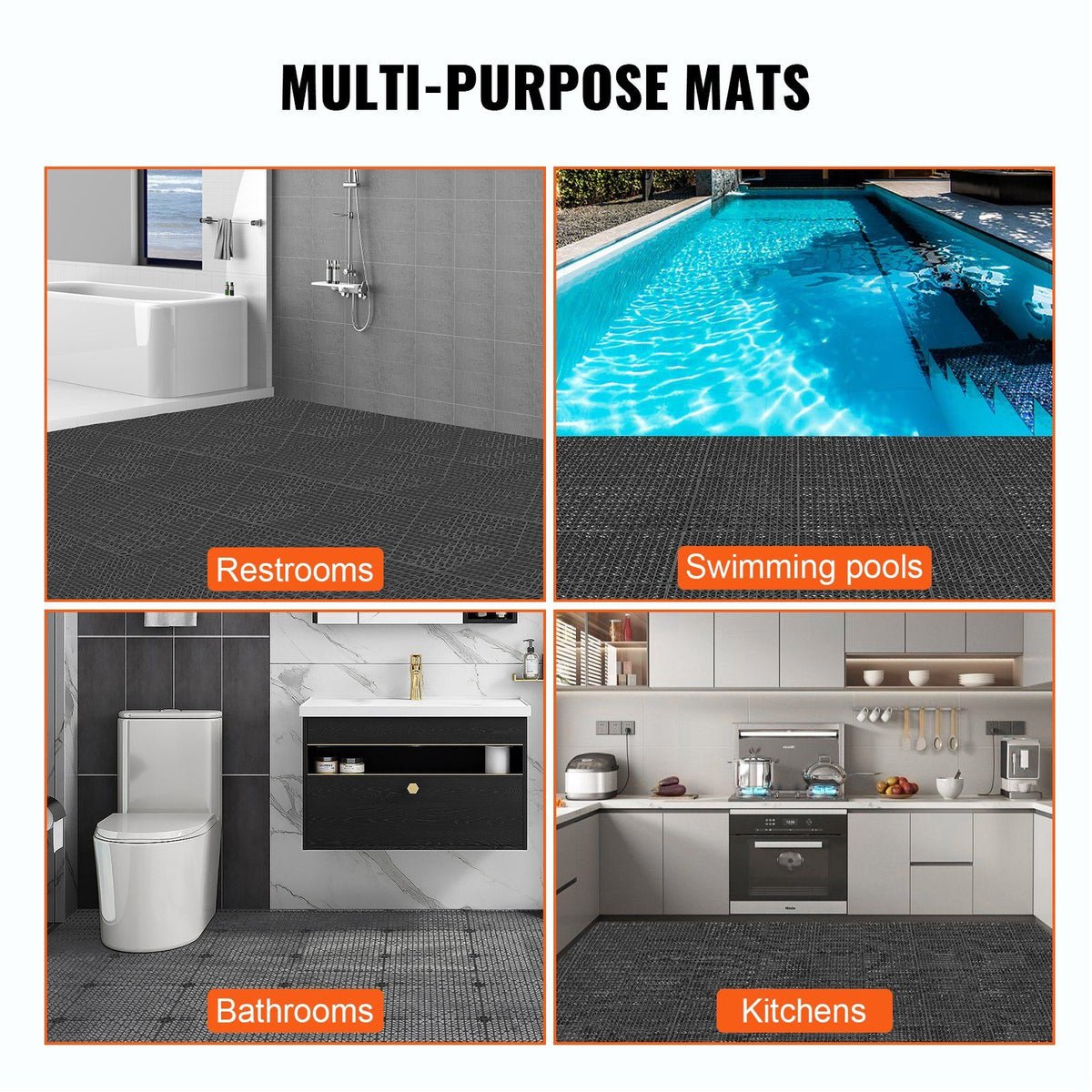 Modular Interlocking Cushion, 12 Pack 30 x 30 cm Splicing Drainage Mats, Bathroom, Kitchen, Pool, Wet Area, Black