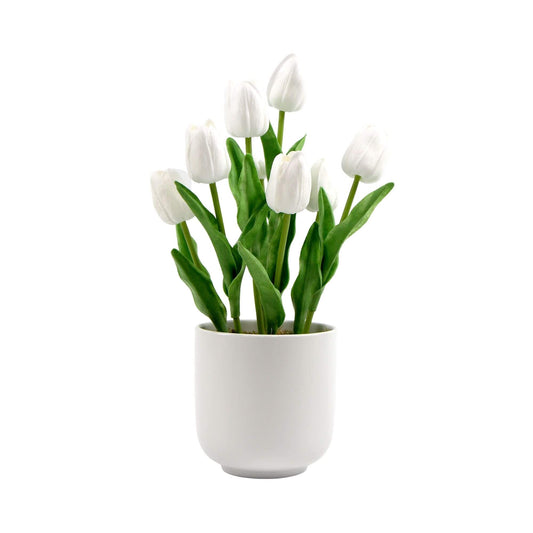 Artificial Tulip Plant Arrangement Flowering White with Ceramic Bowl - 35cm