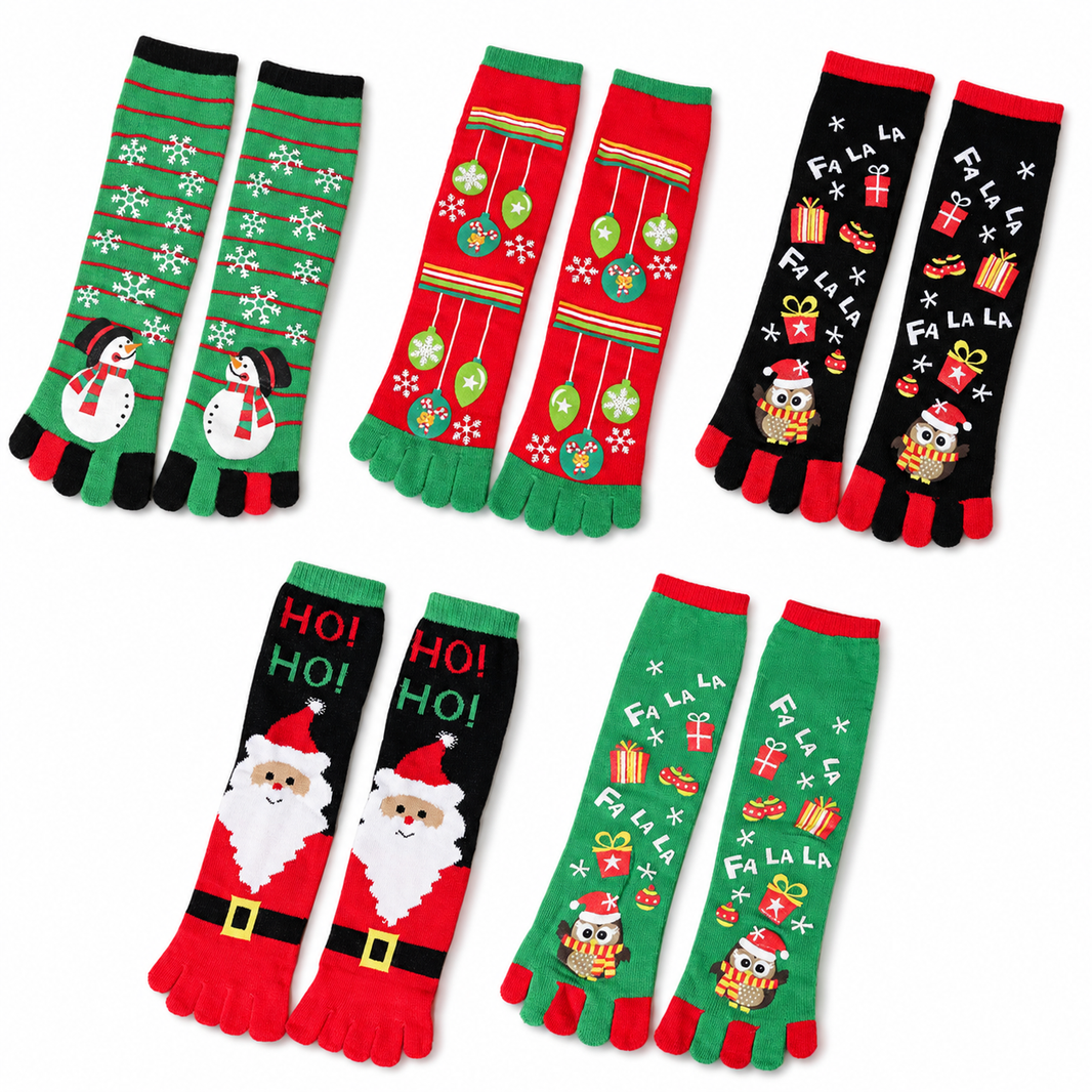 Penguin Christmas tabi socks with gift tower design, women's cartoon stockings 5 pairs