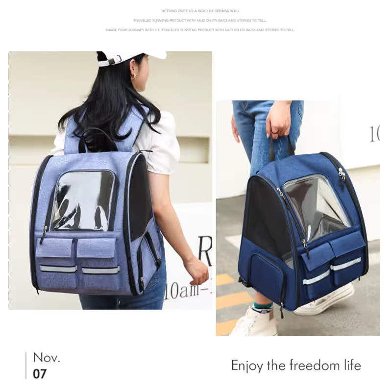 Light Blue Collapsible Pet Carrier Backpack with Trolley Sleeve