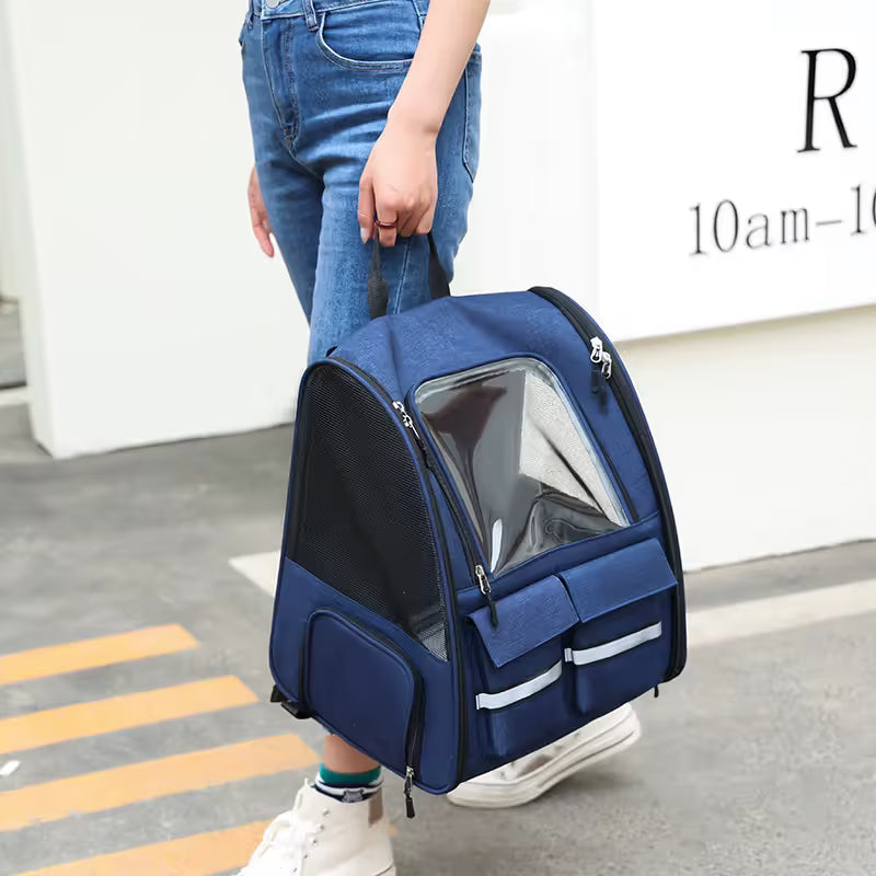 Blue Collapsible Pet Carrier Backpack with Trolley Sleeve