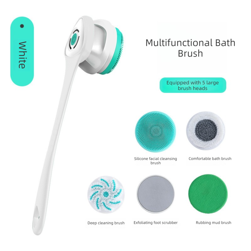 White Electric Bath Brush & Multi-Functional Massager – Long Handle Waterproof Body Cleansing Tool
