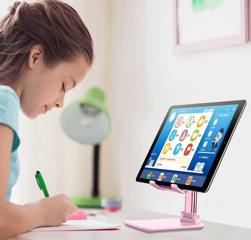 Pink Adjustable Desktop Phone Stand with Height Extension and Foldable Design for Online Classes