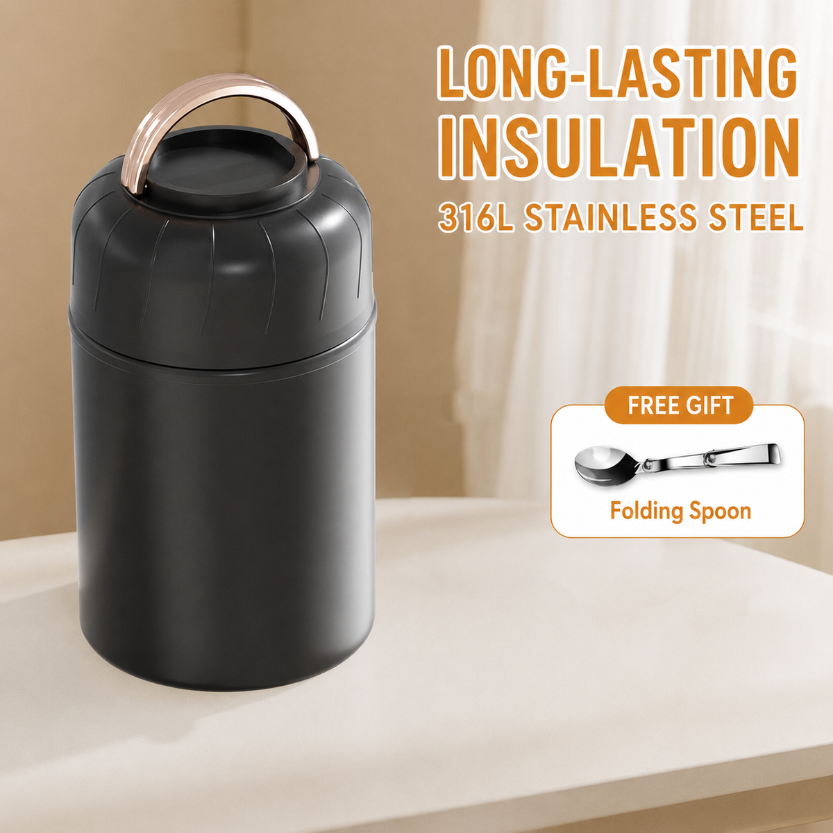 Black 1050ml Thermal Food Jar with Spoon Portable Insulated Lunch Container Vacuum Soup Cup Leakproof Food Flask for Office Travel Camping Stew Rice Porridge Meal Prep