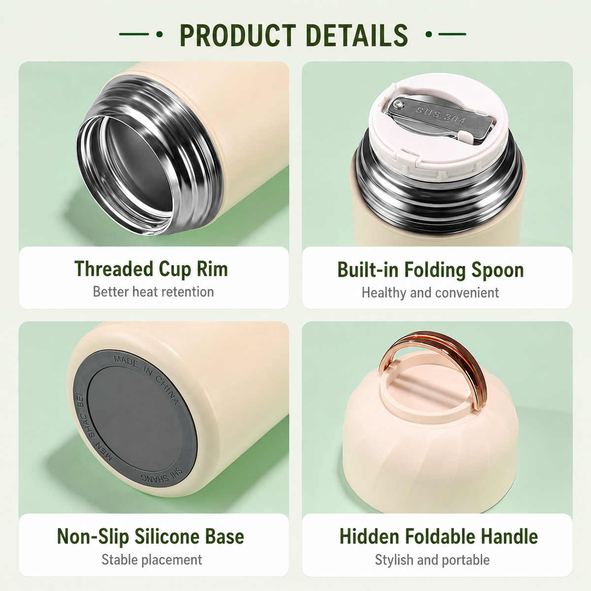 Black 1050ml Thermal Food Jar with Spoon Portable Insulated Lunch Container Vacuum Soup Cup Leakproof Food Flask for Office Travel Camping Stew Rice Porridge Meal Prep