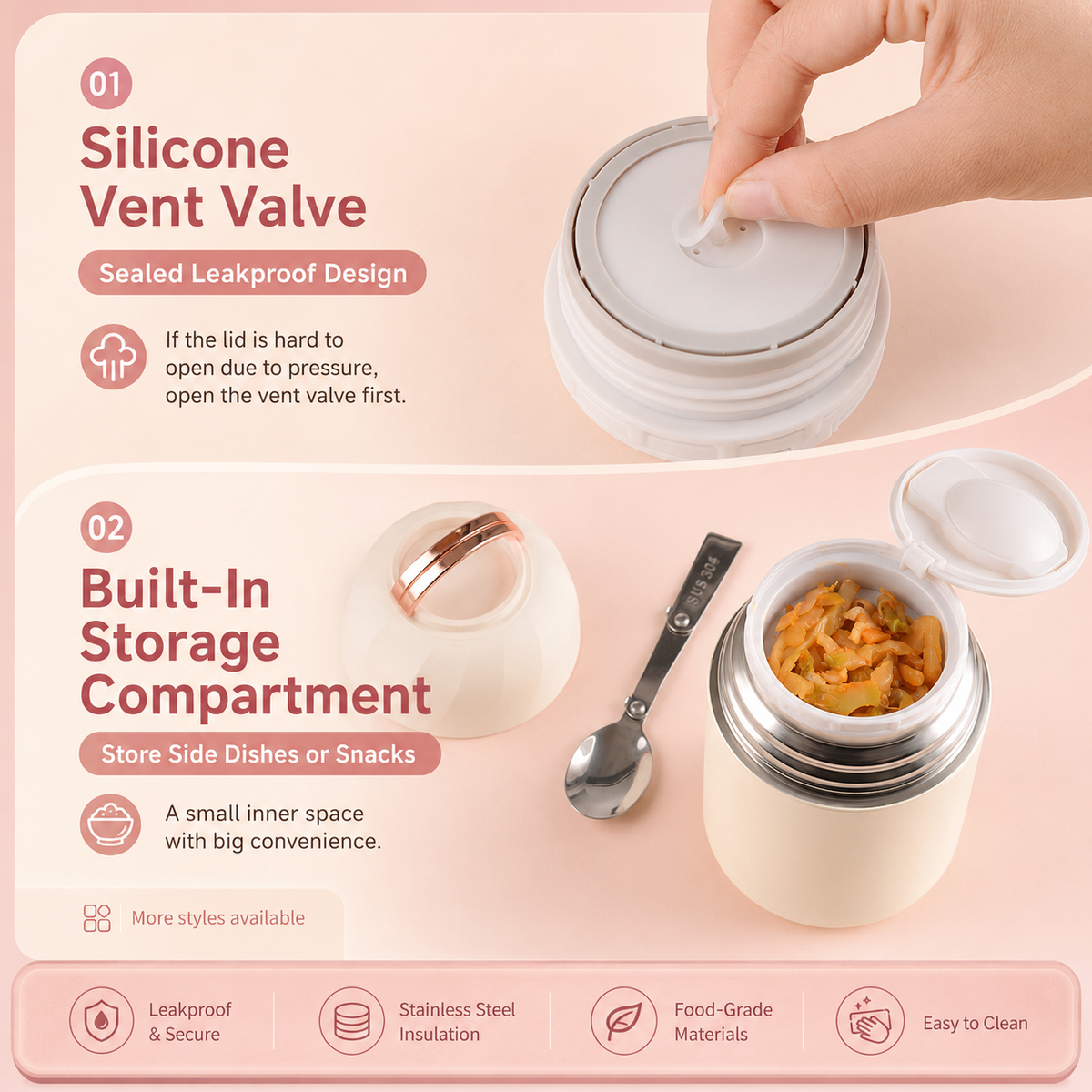 Black 500ml Thermal Food Jar with Spoon Portable Insulated Lunch Container Vacuum Soup Cup Leakproof Food Flask for Office Travel Camping Stew Rice Porridge Meal Prep
