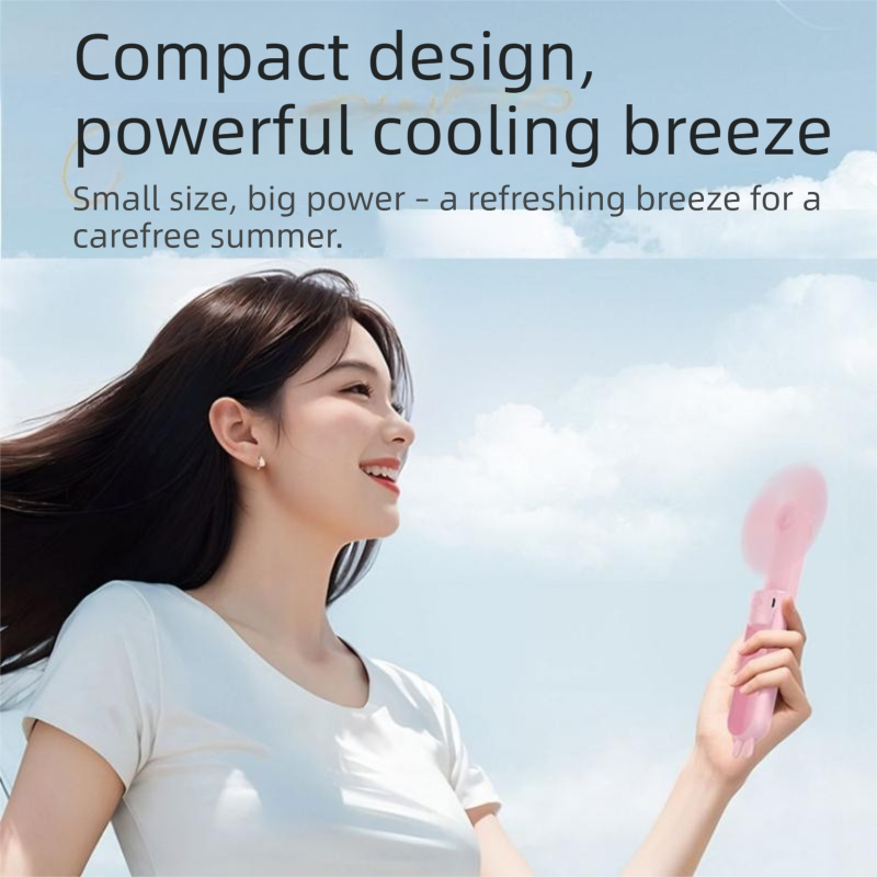 Pink Foldable Mini Handheld Fan—a portable, USB-rechargeable desktop fan featuring a cute rabbit design. It offers three speed settings, soft blades, and 270-degree rotation, with a built-in 1200mAh battery—ideal for travel, office use, and staying cool o