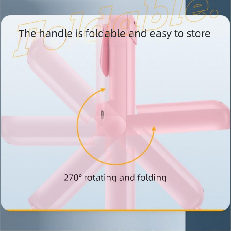 Pink Foldable Mini Handheld Fan—a portable, USB-rechargeable desktop fan featuring a cute rabbit design. It offers three speed settings, soft blades, and 270-degree rotation, with a built-in 1200mAh battery—ideal for travel, office use, and staying cool o