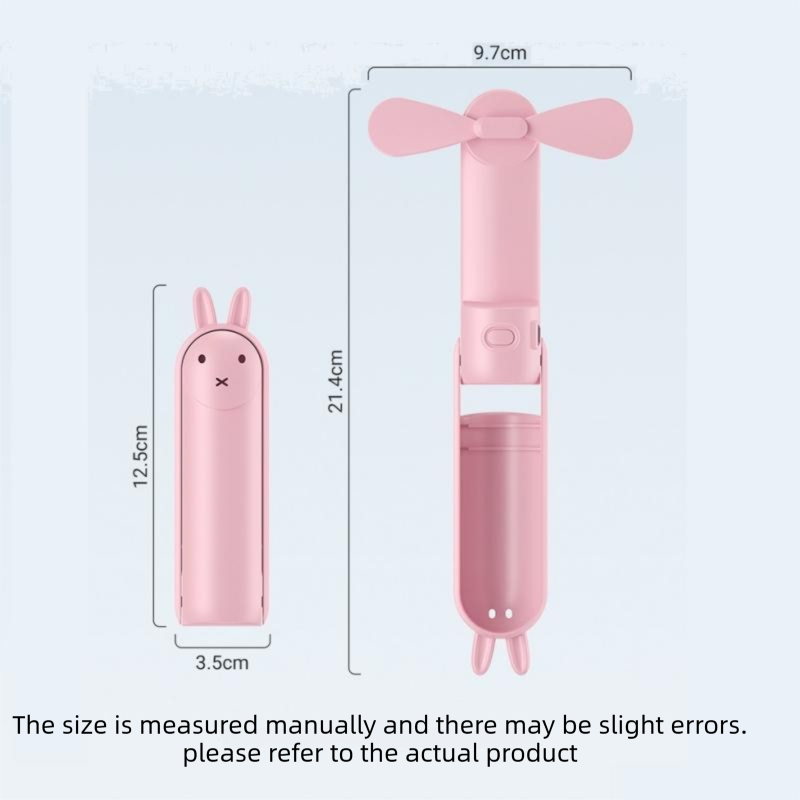 Pink Foldable Mini Handheld Fan—a portable, USB-rechargeable desktop fan featuring a cute rabbit design. It offers three speed settings, soft blades, and 270-degree rotation, with a built-in 1200mAh battery—ideal for travel, office use, and staying cool o