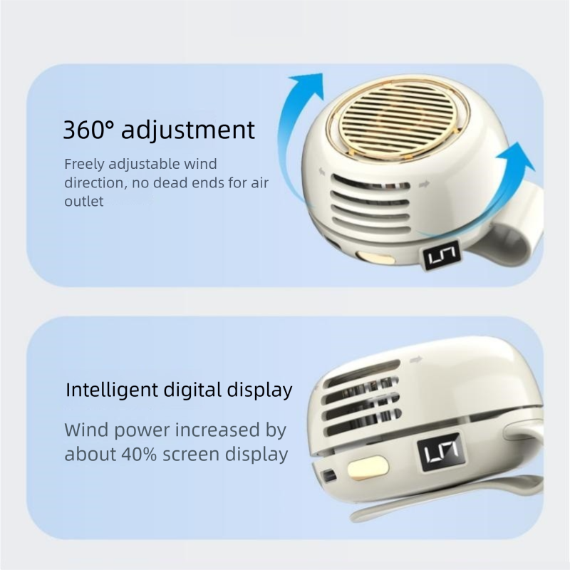 2-pack Beige Portable Clip-On Mini Fan with LED Display - 360-Degree Rotating Wearable Waist Fan, 5-Speed USB Rechargeable Personal Cooling for Travel, Gym, and Outdoor Work - Lightweight ABS Design