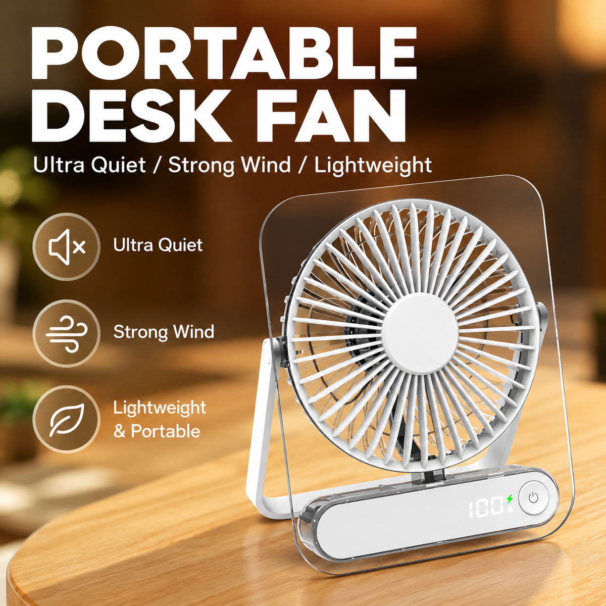 Black Portable Desk Fan with Digital Display - Transparent Style Adjustable Table and Hanging Fan with USB Charging for Bedroom, Office, Study and Travel
