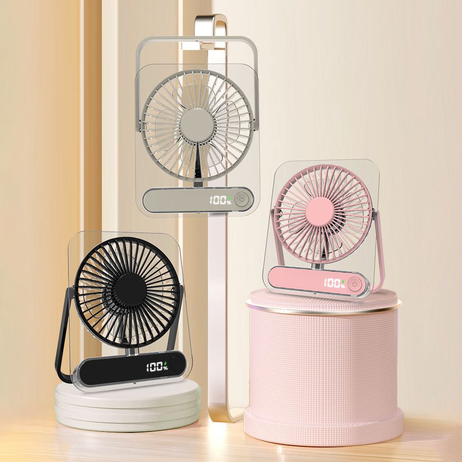 Black Portable Desk Fan with Digital Display - Transparent Style Adjustable Table and Hanging Fan with USB Charging for Bedroom, Office, Study and Travel