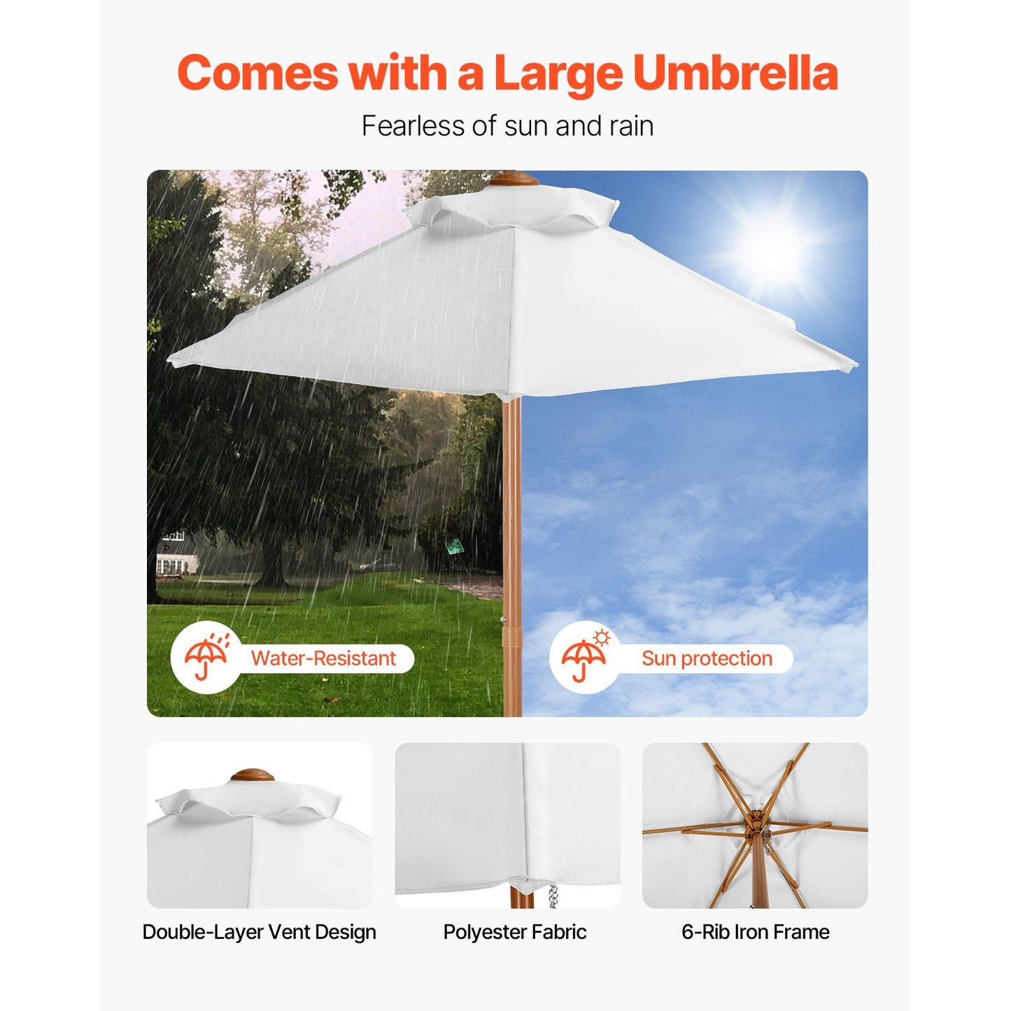 VEVOR Picnic Table Wooden Tables and Bench Set Umbrella Garden Indoor Outdoor