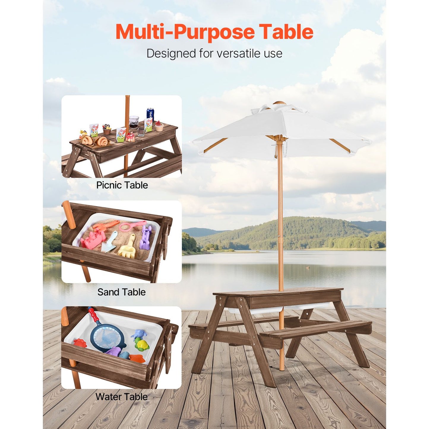 VEVOR Picnic Table Wooden Tables and Bench Set Umbrella Garden Indoor Outdoor