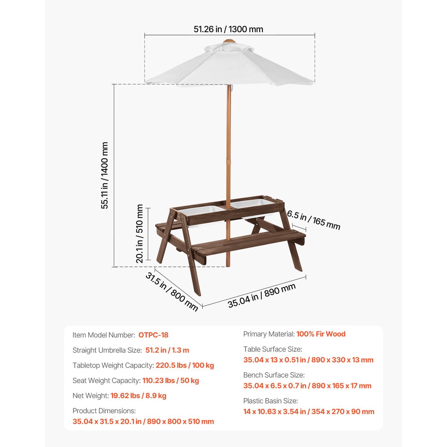 VEVOR Picnic Table Wooden Tables and Bench Set Umbrella Garden Indoor Outdoor