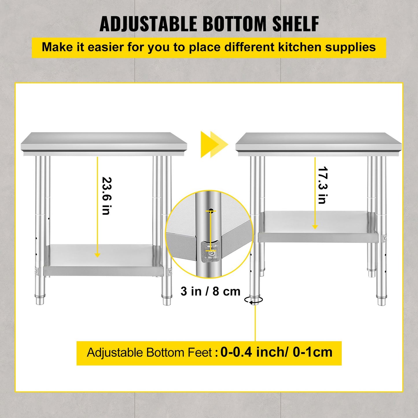 VEVOR Commercial Worktable & Workstation 24 x 30 x 32 Inch Stainless Steel Work Table Heavy Duty Commercial Food Prep Work Table for Home, Kitchen, Restaurant Metal Prep Table with Adjustable Feet