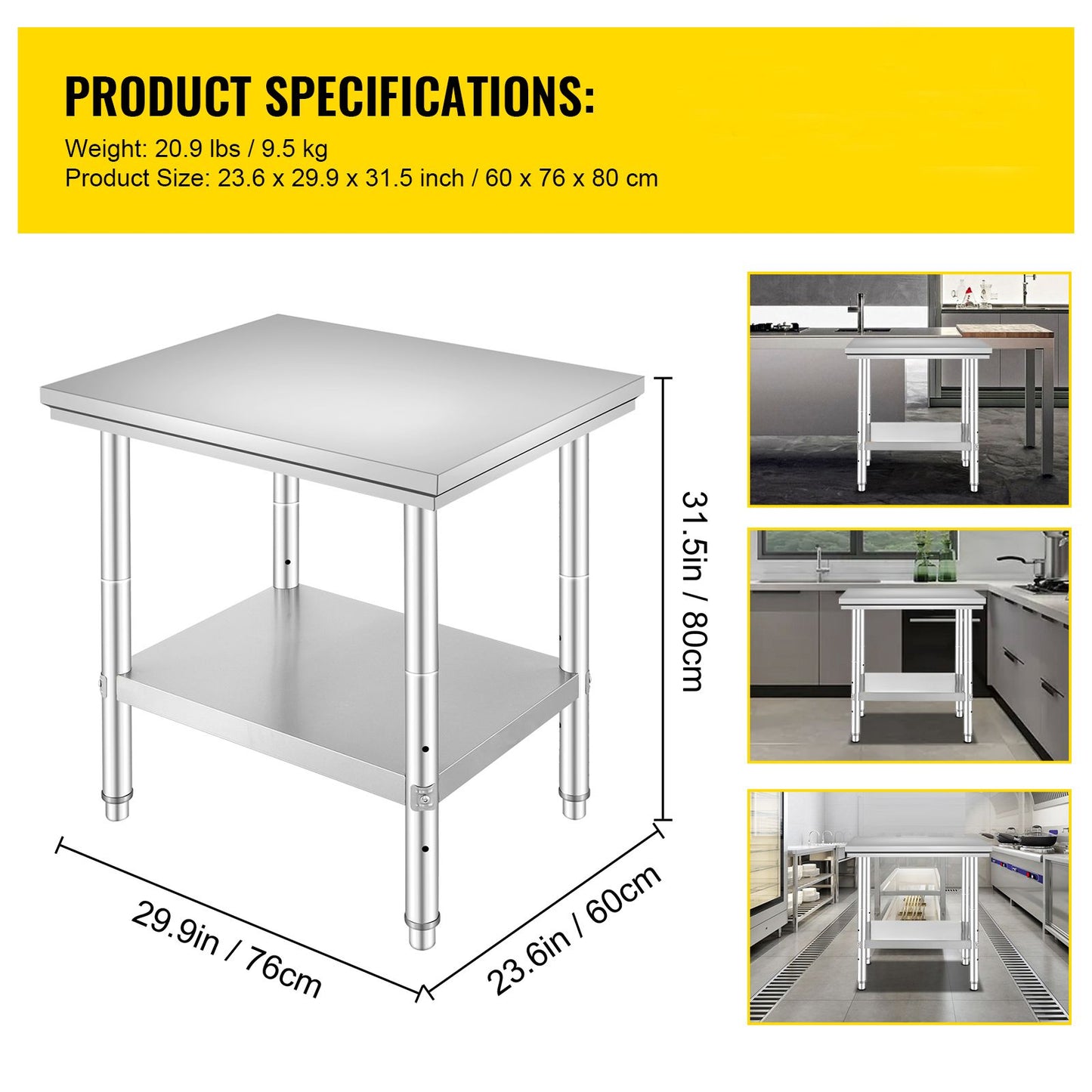 VEVOR Commercial Worktable & Workstation 24 x 30 x 32 Inch Stainless Steel Work Table Heavy Duty Commercial Food Prep Work Table for Home, Kitchen, Restaurant Metal Prep Table with Adjustable Feet