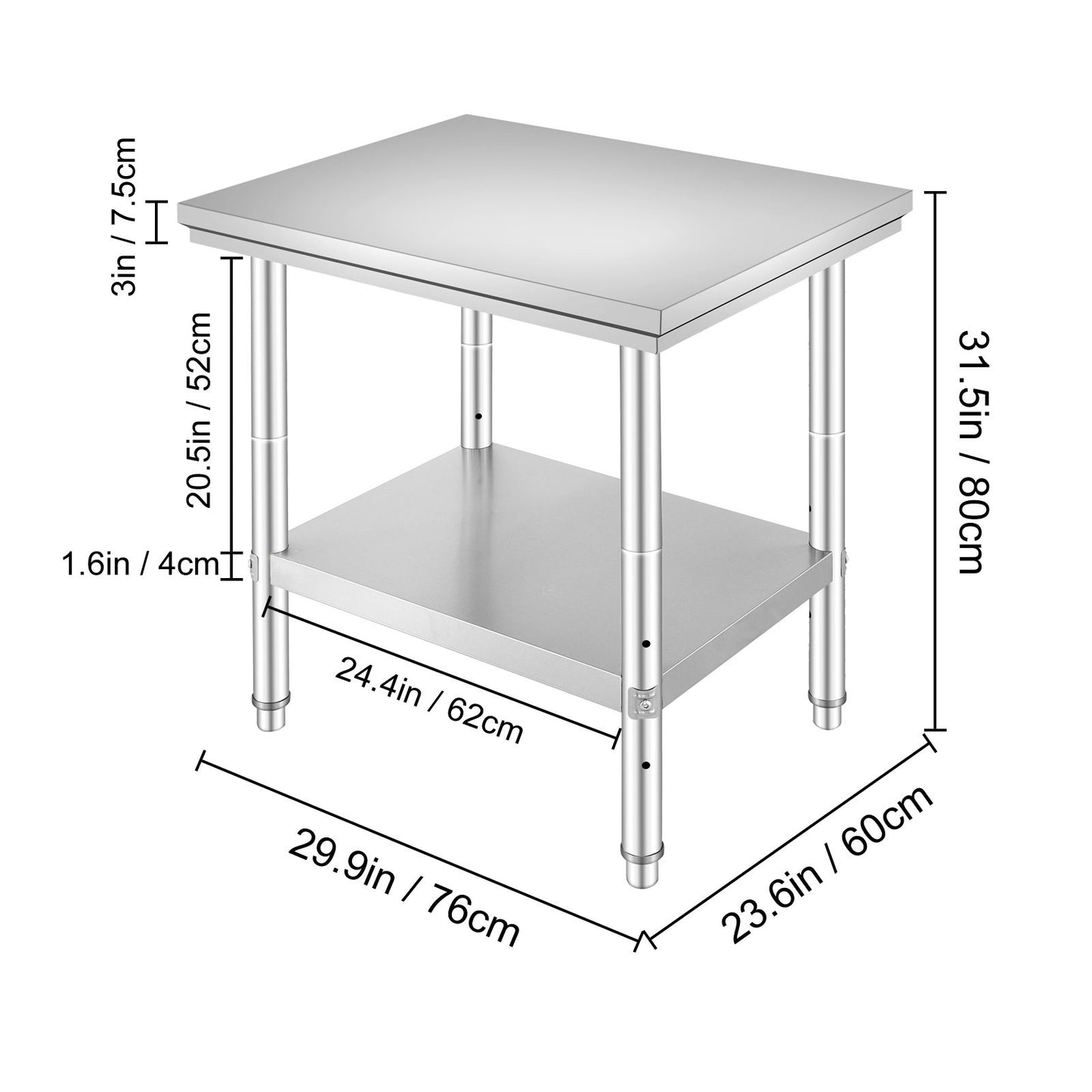 VEVOR Commercial Worktable & Workstation 24 x 30 x 32 Inch Stainless Steel Work Table Heavy Duty Commercial Food Prep Work Table for Home, Kitchen, Restaurant Metal Prep Table with Adjustable Feet