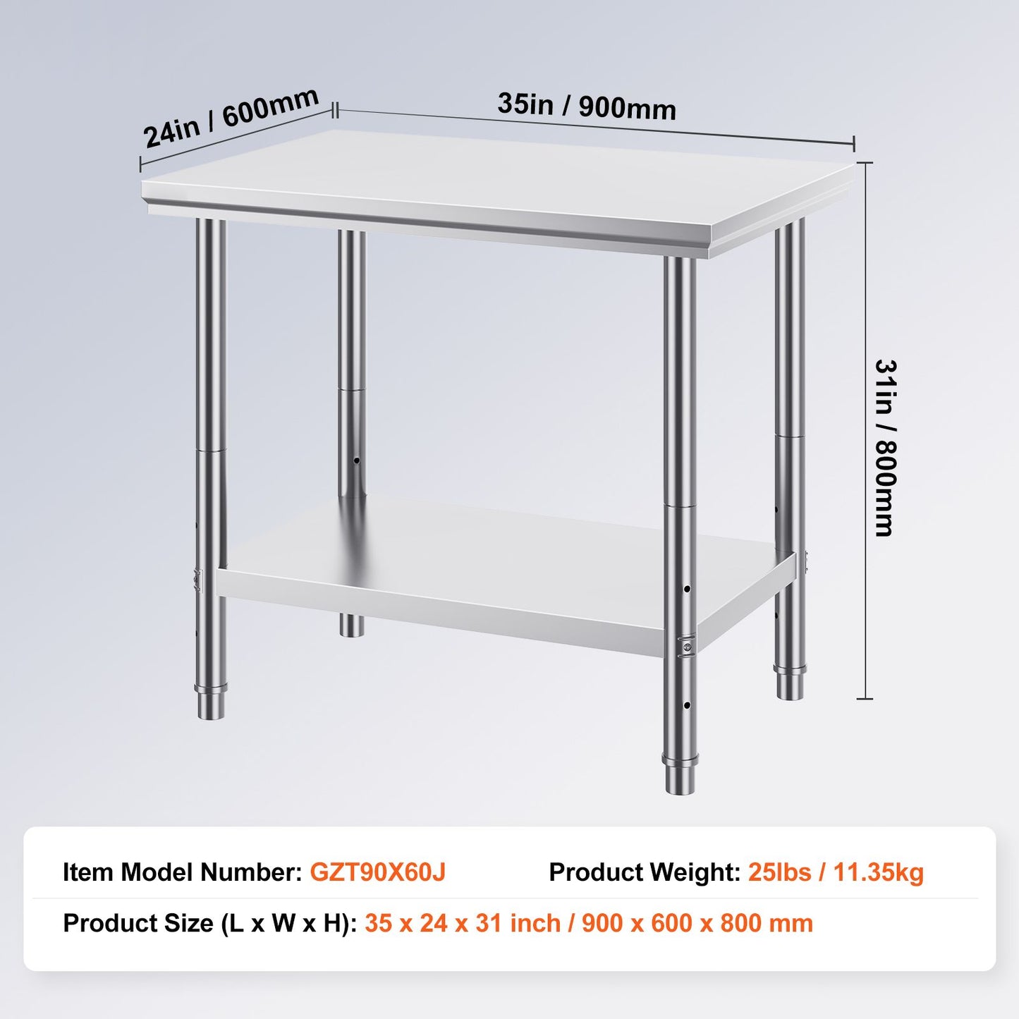 VEVOR 910x610mm Stainless Steel Kitchen Bench Commercial Work Food Prep Table