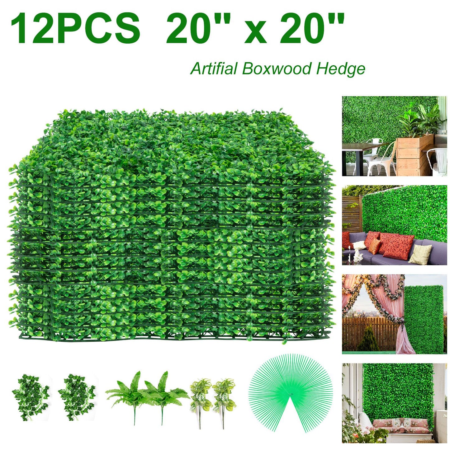 VEVOR Artificial Boxwood Panels, 12 PCS 20"x20" Boxwood Hedge Wall Panels, PE Artificial Grass Backdrop Wall 1.6\", Privacy Hedge Screen for Decoration of Outdoor, Indoor, Garden, Fence, and Backyar