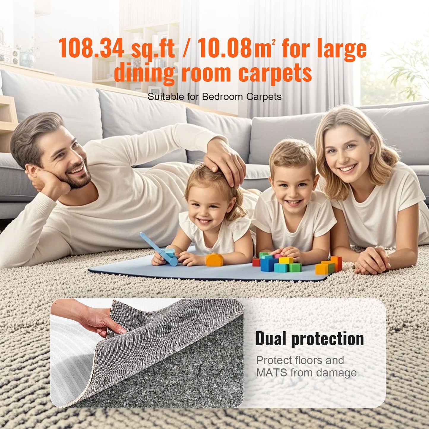 VEVOR Rug Pad Gripper 9' x 12' Protective Carpet Pad 0.47" Thick for All Floors