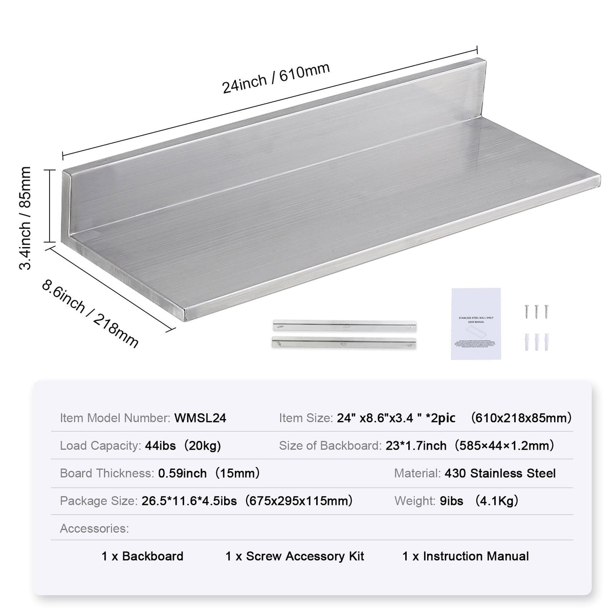 8.6" x 24" Stainless Steel Shelf, Wall Mounted Floating Shelving with Backsplash, 44 lbs Load Capacity Commercial Shelves, Heavy Duty Storage Rack for Restaurant, Kitchen, Bar, Home, and Hotel (2 Packs)