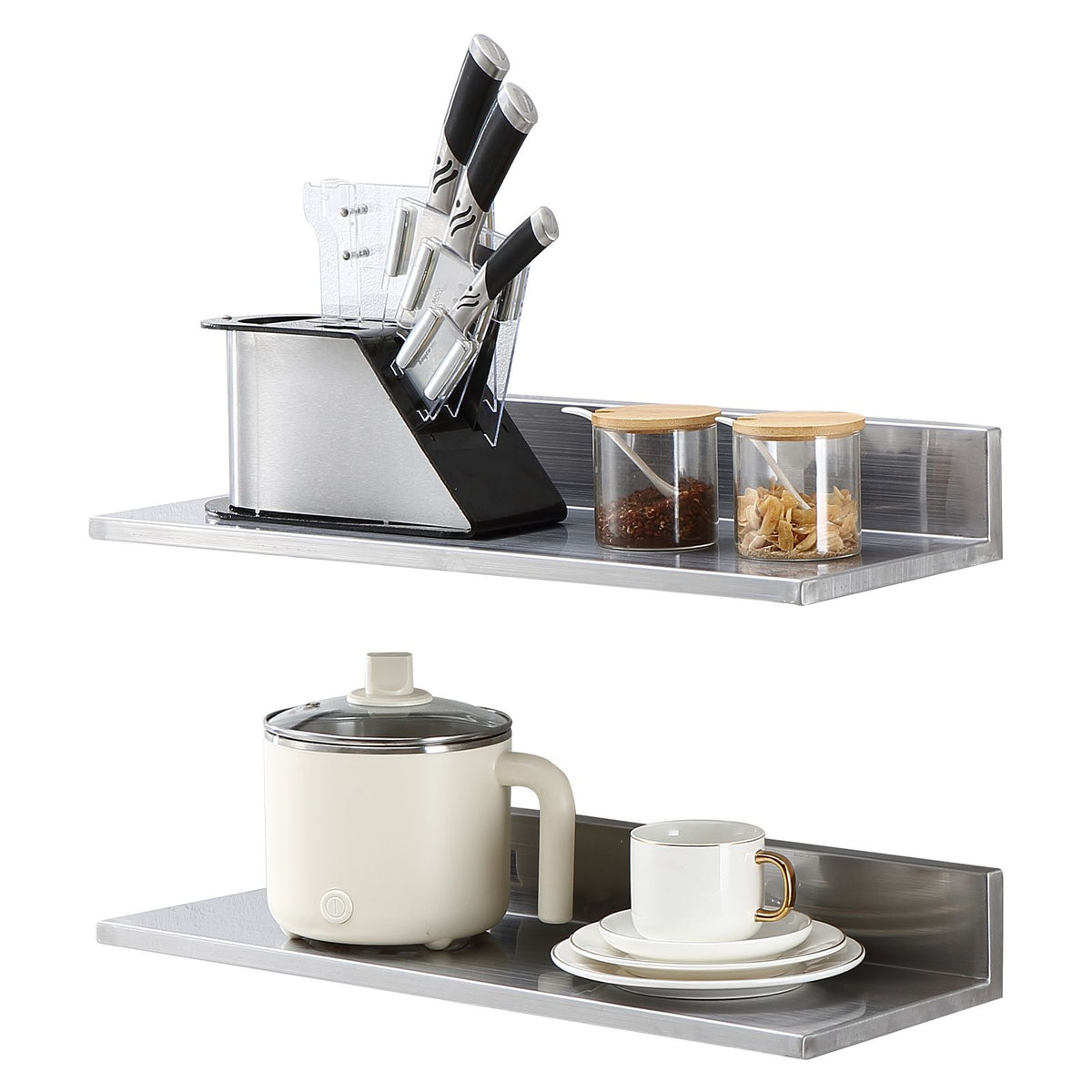 8.6" x 24" Stainless Steel Shelf, Wall Mounted Floating Shelving with Backsplash, 44 lbs Load Capacity Commercial Shelves, Heavy Duty Storage Rack for Restaurant, Kitchen, Bar, Home, and Hotel (2 Packs)