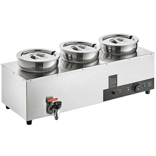 VEVOR Electric Soup Warmer, Three 7.4QT Stainless Steel Round Pot, 1200W Commercial Food Warmer, 30 - 85℃ Adjustable Temp, Bain Marie with Anti-Dry Burn and Reset Button, for Restaurant, Buffet