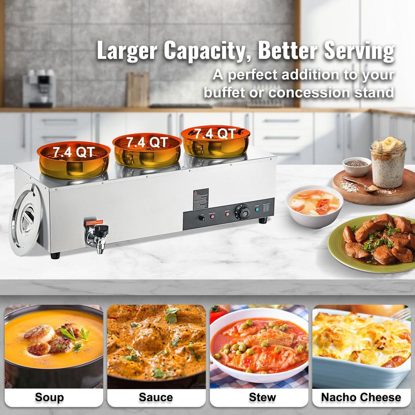 VEVOR Electric Soup Warmer, Three 7.4QT Stainless Steel Round Pot, 1200W Commercial Food Warmer, 30 - 85℃ Adjustable Temp, Bain Marie with Anti-Dry Burn and Reset Button, for Restaurant, Buffet