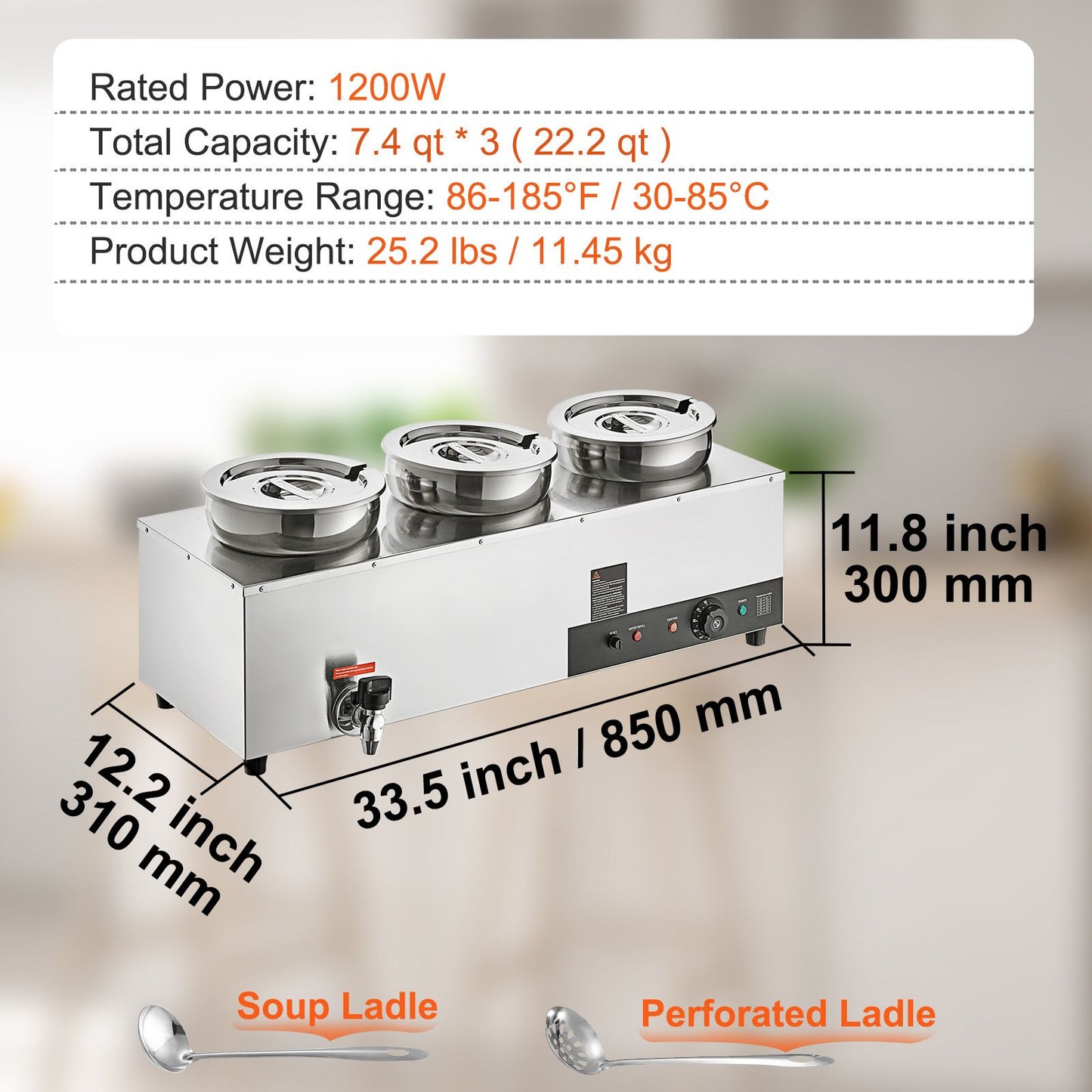 VEVOR Electric Soup Warmer, Three 7.4QT Stainless Steel Round Pot, 1200W Commercial Food Warmer, 30 - 85℃ Adjustable Temp, Bain Marie with Anti-Dry Burn and Reset Button, for Restaurant, Buffet
