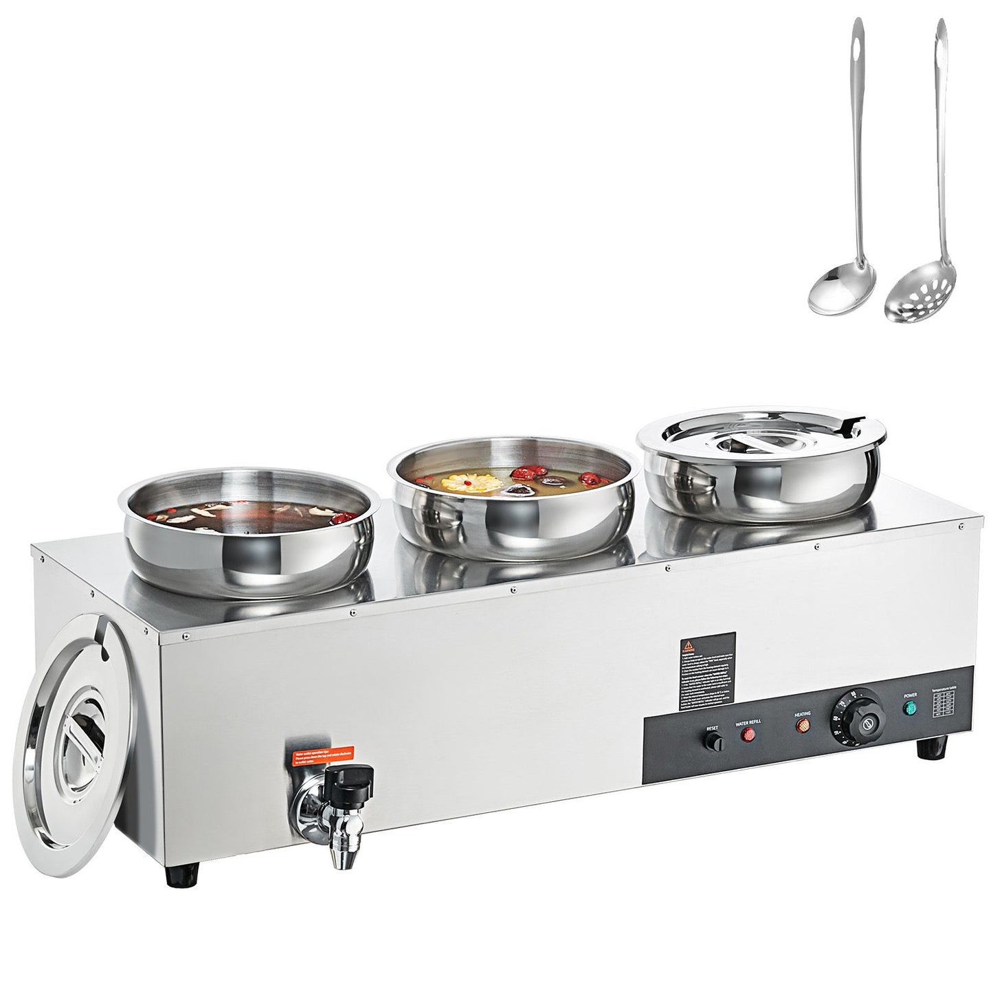 VEVOR Electric Soup Warmer, Three 7.4QT Stainless Steel Round Pot, 1200W Commercial Food Warmer, 30 - 85℃ Adjustable Temp, Bain Marie with Anti-Dry Burn and Reset Button, for Restaurant, Buffet