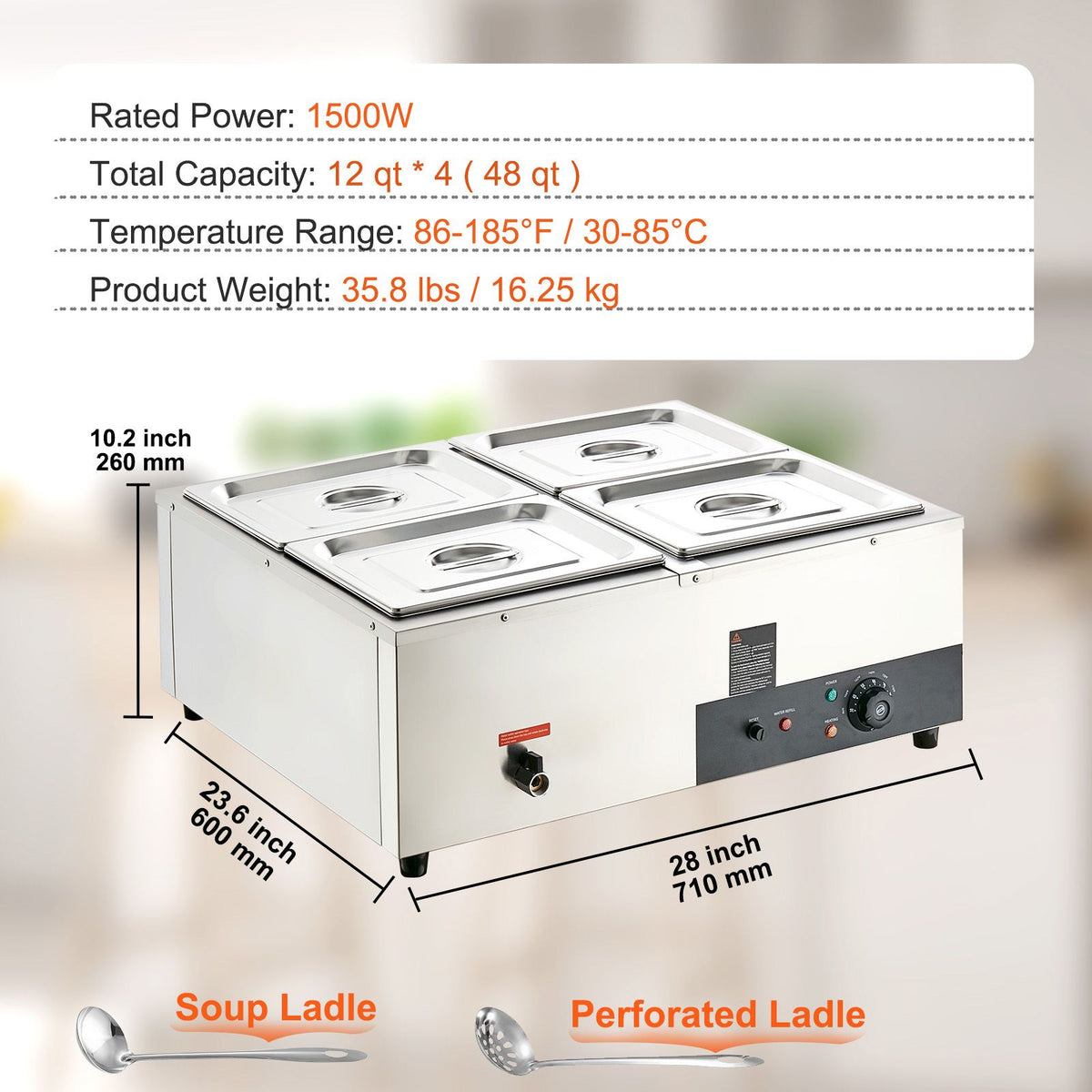 VEVOR Commercial Electric Food Warmer Countertop Buffet 4*12 Qt Pan Bain Marie