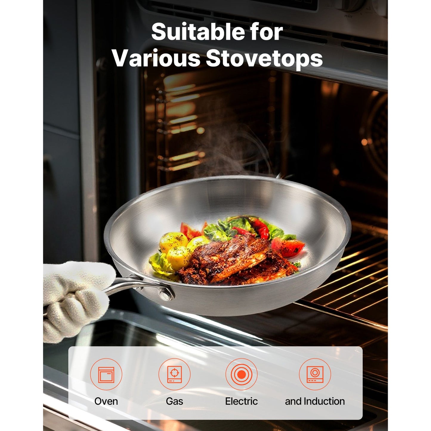 VEVOR Tri-Ply Stainless Steel Frying Pan, 3 Piece (240, 280, 320 mm), Cooking Skillet with Heat-Resistant Handle, Chef's Kitchen Cookware, Oven, Gas, Electric, Induction, Dishwasher Compatible, Silver