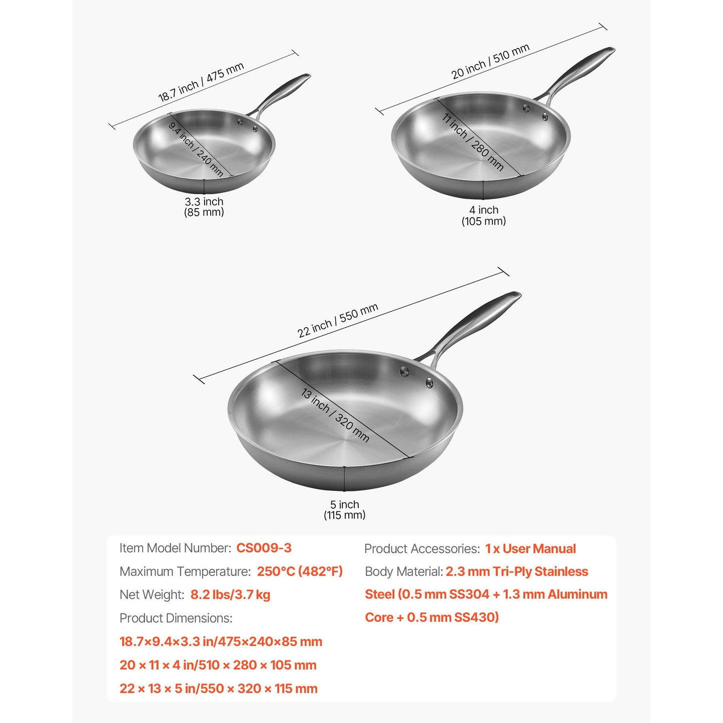 VEVOR Tri-Ply Stainless Steel Frying Pan, 3 Piece (240, 280, 320 mm), Cooking Skillet with Heat-Resistant Handle, Chef's Kitchen Cookware, Oven, Gas, Electric, Induction, Dishwasher Compatible, Silver
