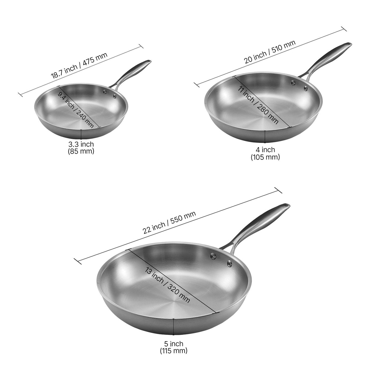VEVOR Tri-Ply Stainless Steel Frying Pan, 3 Piece (240, 280, 320 mm), Cooking Skillet with Heat-Resistant Handle, Chef's Kitchen Cookware, Oven, Gas, Electric, Induction, Dishwasher Compatible, Silver