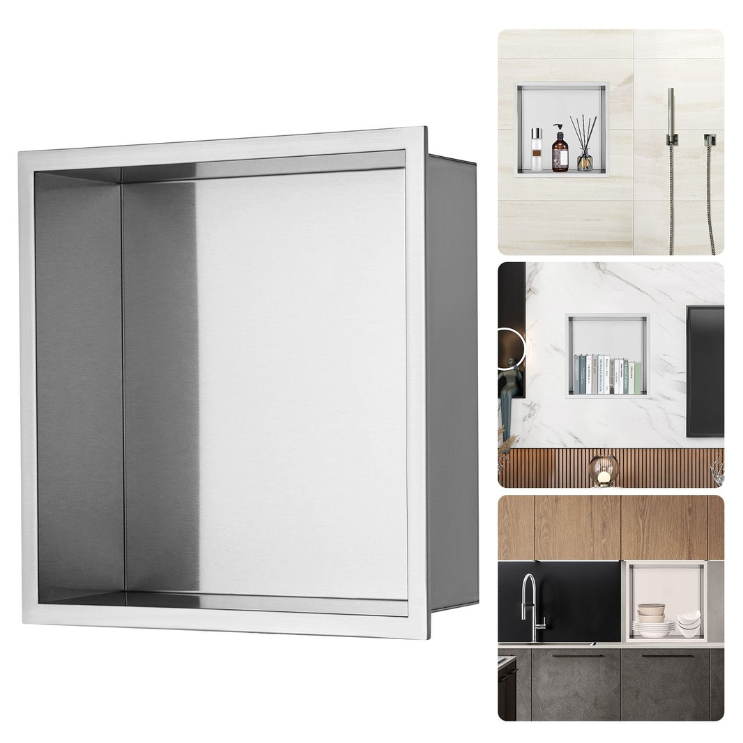VEVOR 33.02 x 33.02 cm No Tile Shower Niche 304 Stainless Steel, Wall-Inserted Niche Recessed Double Shelves, Sealed Waterproof Rust-Resistant Modern Niche for Shower Bathroom Soap Storage, Silver