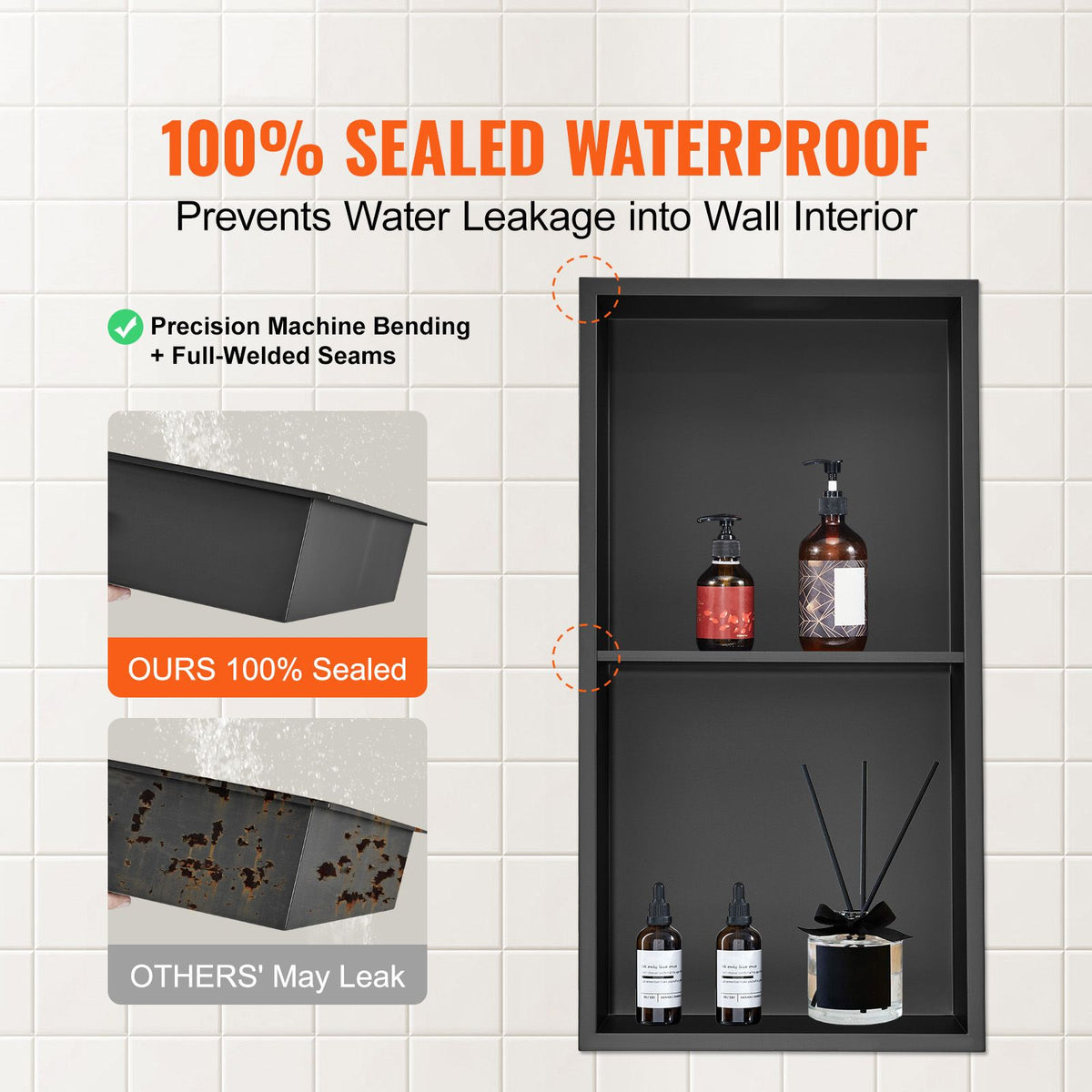 VEVOR 33.02 x 63.5 cm No Tile Shower Niche 304 Stainless Steel, Wall-Inserted Niche Recessed Double Shelves, Sealed Waterproof Rust-Resistant Modern Niche for Shower or Soap Storage Bathroom
